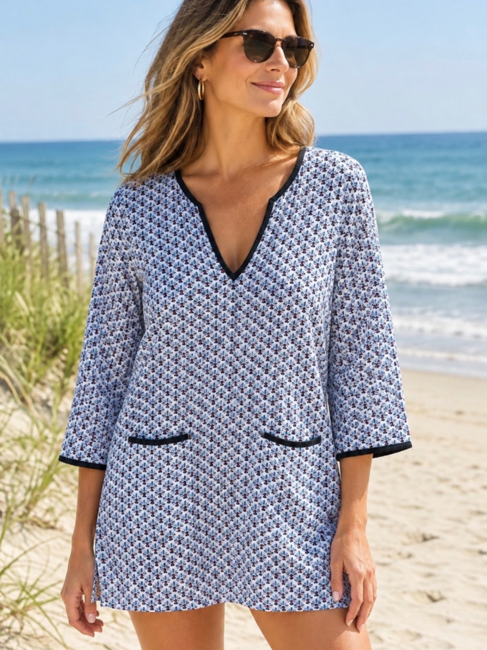 Tory Burch Womens Linen Embroidered Tunic Top L Swim Cover Resortwear